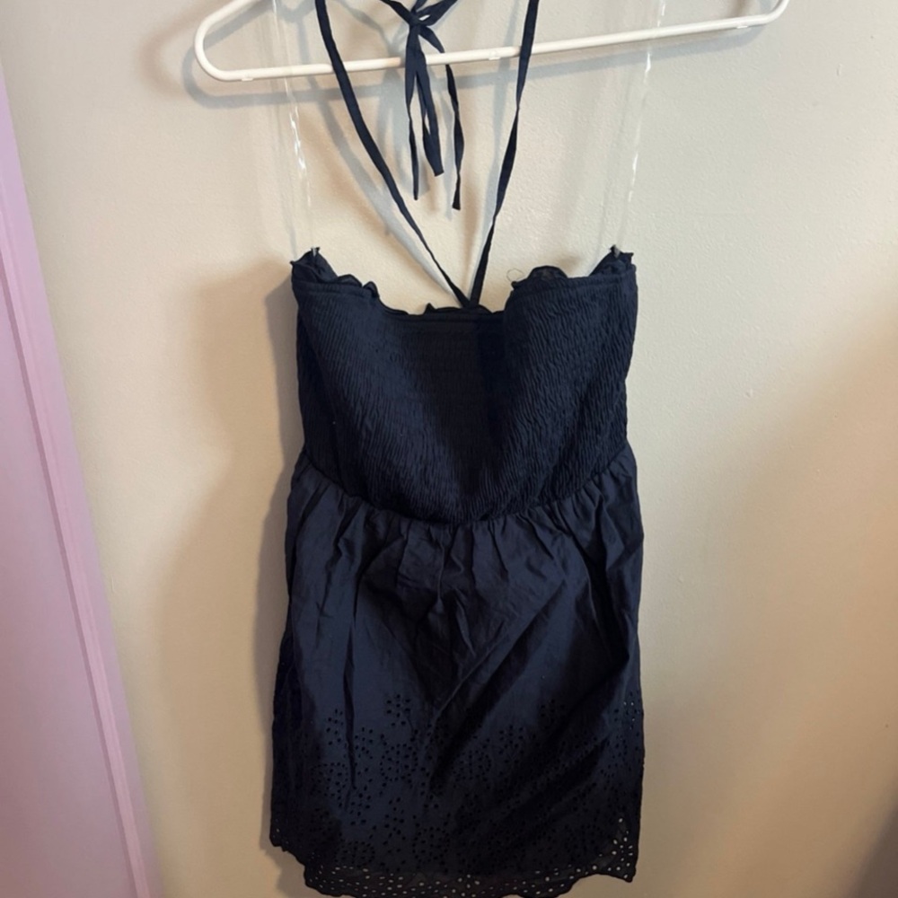 Navy Halter Dress with Eyelet Hem small